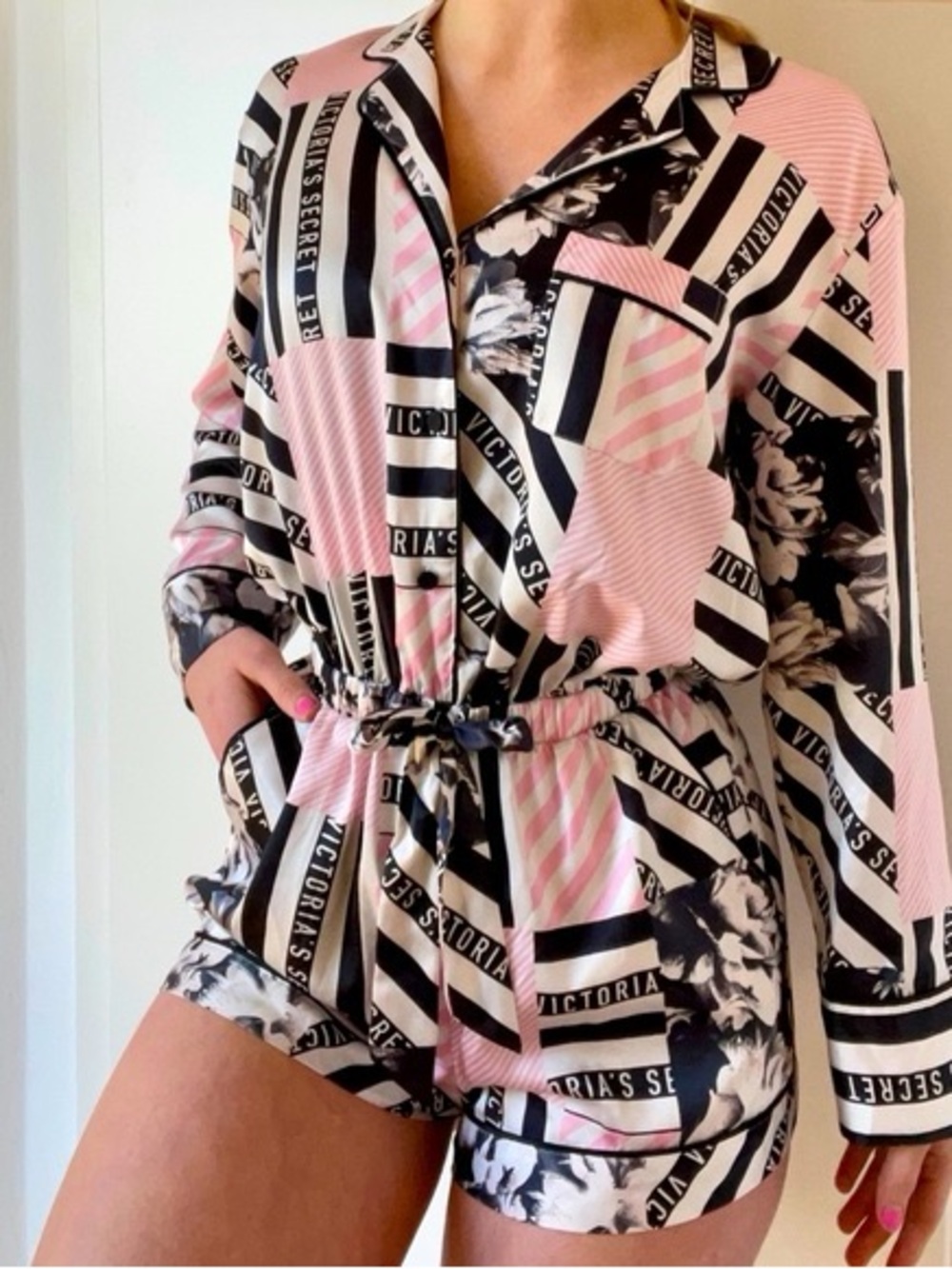 Victoria's Secret Pink, Black & White Printed Satin Romper Pajama